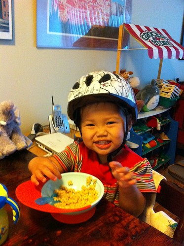 She insisted on wearing her new helmet all through breakfast this morning