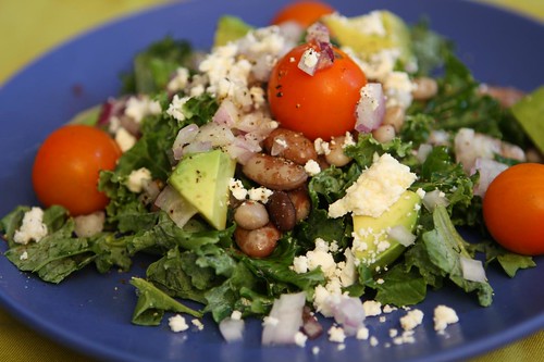 Heirloom Bean Salad with Kale, Cotija, Avocado, Red Onion, and Sun Gold Cherry tomatoes
