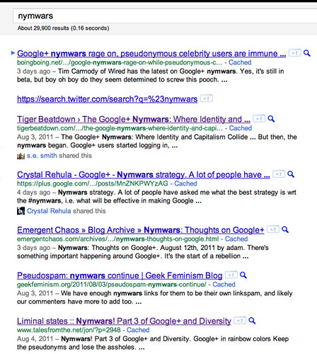 Google results for nymwars when logged in, Liminal States at #7