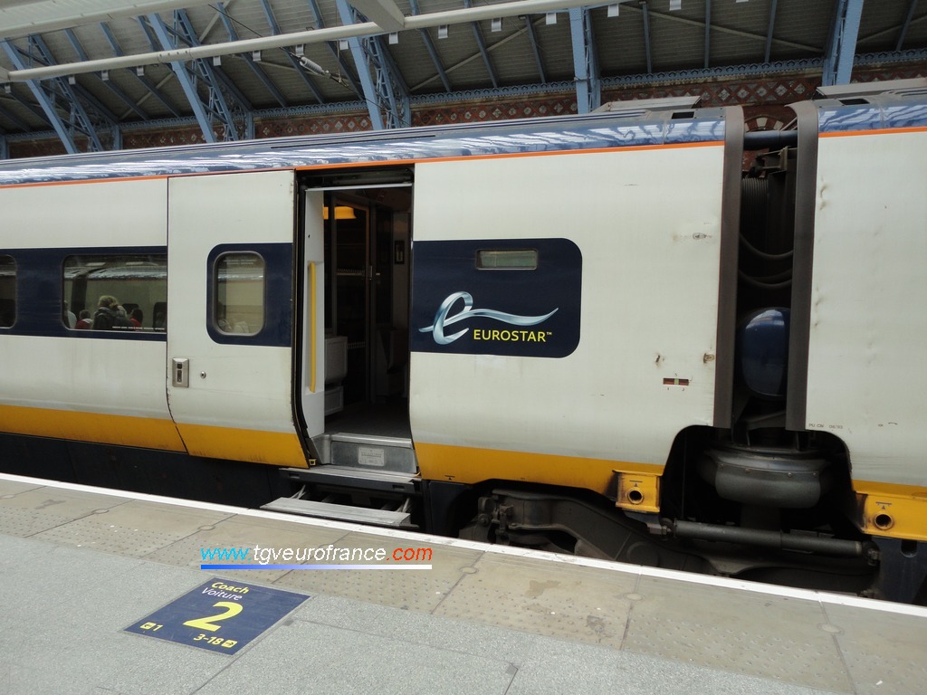 The No2 coach of a French Eurostar trainset in St Pancras International Station
