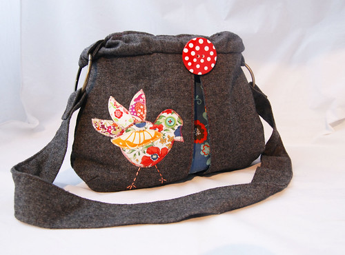 Handmade Shoulder Bag with Appliqued Bird and BIG Button Brooch by Once upon a time in the north