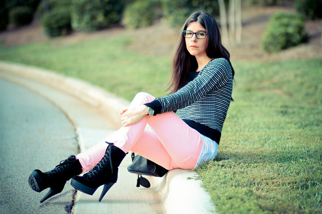 Striped Sweater, Hot Pink Neon Skinny Jeans, Black Ankle boots, Paddington Chloe bag