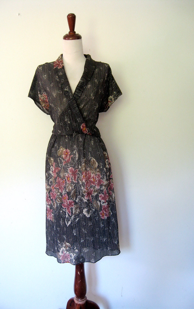 Sparkling Floral Patch Sheer Black Dress, vintage 1970s