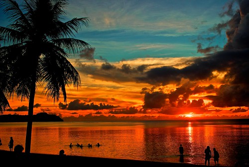 フリー写真素材|自然・風景|海|ビーチ・砂浜|人と風景|夕日・夕焼け・日没|やしの木|グアム|