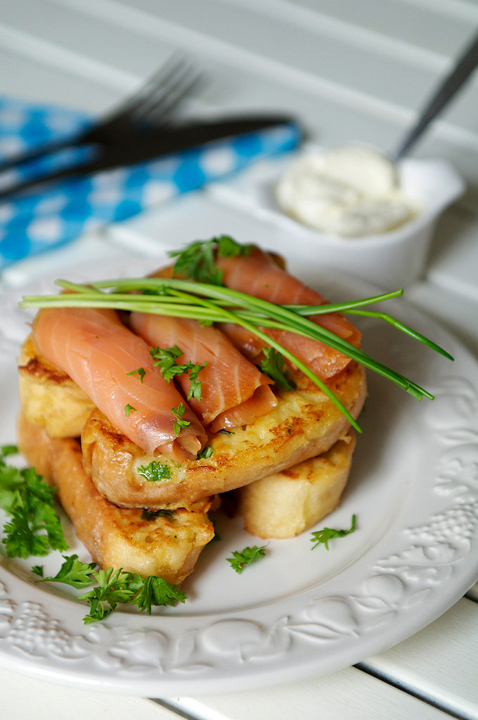Herbed French toast with smoked salmon &amp; creme...