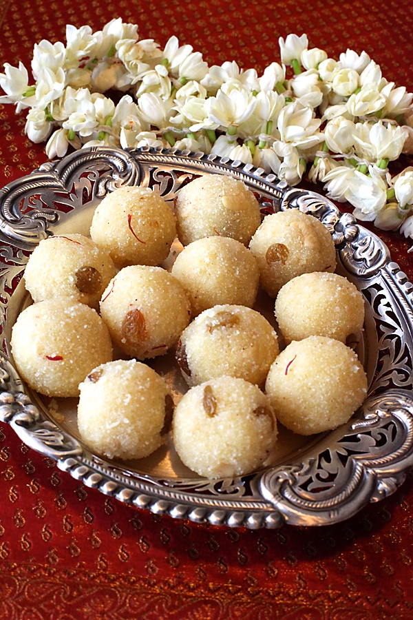 Rava Laddu/Semolina Balls With Saffron, Cashews, Raisins & Cardamom