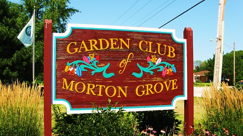 The roadside Garden Club of Morton Grove wooden sign.  Morton Grove Illinois USA. August 2011. by Eddie from Chicago