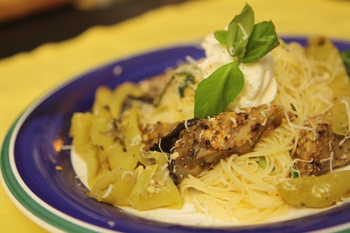 Lemon Basil Capellini with Grilled Eggplant and Biscayne Pepper