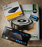 Seagate 2TB 3.5-inch external hard disk, iRobot Roomba, Prolink Bluetooth keyboard and 3.5 G USB modem.