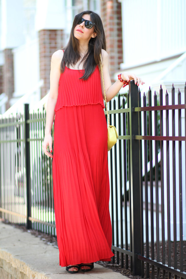 Red Pleated Maxi Dress, Fashion Outfit, LAMB Gwen Stefani Heels, Chanel bag