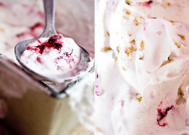 Ice cream with blackcurrant jam and biscuit bits