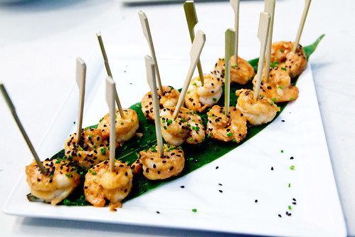 Sauteed shrimp in soy ginger butter with black sesame