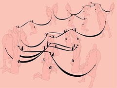 A digital drawing of pink figures bound by the necks with black rope, with black blindfolds and handbinds oppressing another. The rope from their neck binds are being held by an upright pink figure. These figures are repeated and arranged over a the image. 