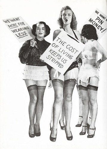 A vintage-looking illustration of three white women holding signs saying 'the cost of living keeps us stripped' 'we want more for earning less' and 'we want pin money'