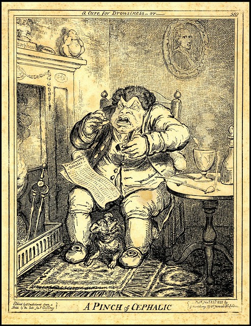 crude engraving of distressed, seated, fat man with snuff box in hand