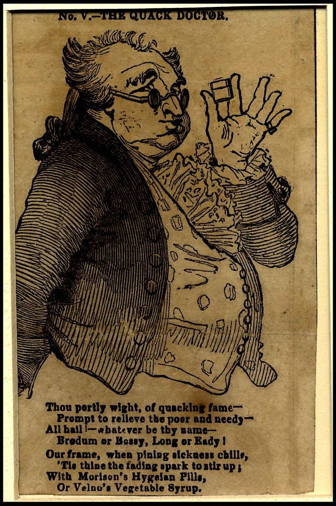 woodcut of portly sunglassed 18th c. gent holding pillbox
