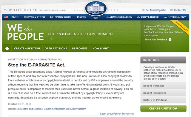 Stop the E-Parasite Act. Support a free internet and fight censorship. http://wh.gov/bgh ...doesnt work on Chrome.