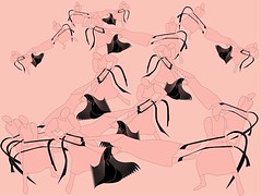 A digital drawing of pink figures with their feet and hands bound by black rope, being stretched in both directions by upright figures. The figure who is being tortured has fan-like, long black hair, signaling that they are female, their torturers male. These figures are repeated and arranged over a the image. 