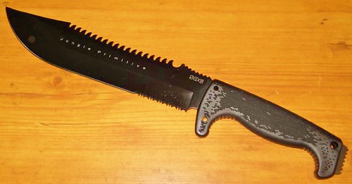SOG F03T Jungle Primitive Fixed 9.5" Black Sawback Blade, Kraton Handles, Nylon Sheath