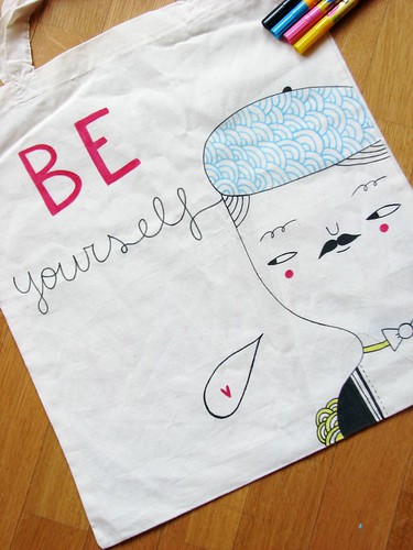 Be yourself - hand drawn tote bag by Pinkrain Indie Design
