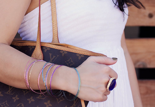 white strapless maxi dress, turquoise stones necklace, romwe arty ring, enzo milano 25mm clipless curling iron, colorful bangles, louis vuitton neverfull mm, bakers precious sandals, georgio armani pink rouge 500 lipstick