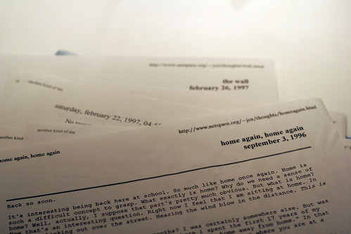 Copies of my earliest blog posts from 1996, printed out by my mother