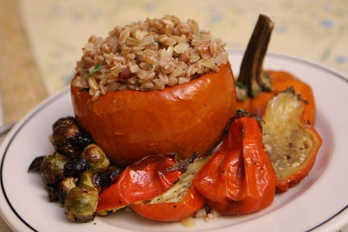 Roast Pumpkin with Bacon Sage Farro, Roasted Jiló , and Brussel Sprouts