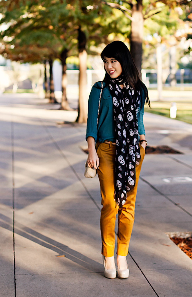 urban outfitters cooperative teal silk camp shirt, happy scarf mcqueen skulls scarf, h&m mustard trousers, ann taylor gold skinny belt, yesstyle beige quilted flap purse