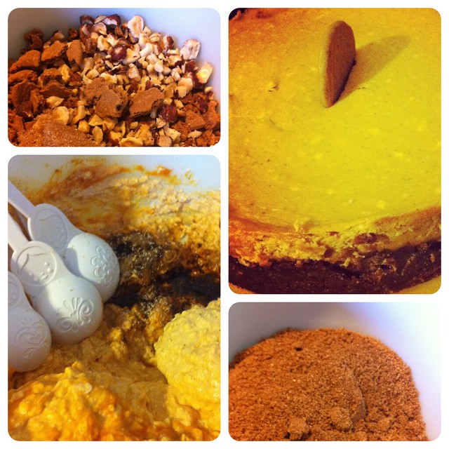 PUMPKIN CHEESECAKE with ginger snap and hazelnut crust. Not shown: chocolate bourbon sauce.