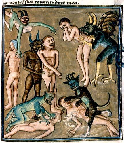 Devils biting-clawing the Damned. French c. 1450-70.bodl_Douce134 by tony harrison