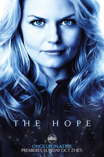 Promotional poster for ABC's new drama, Once Upon A Time. A Close up shot of Emma Swan, a white woman with blonde hair, played by Jennifer Morrison. 