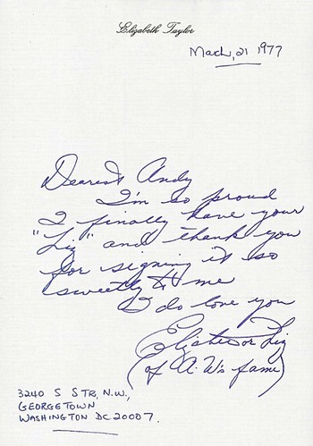 Elizabeth Taylor note to Andy Warhol via letters of note 