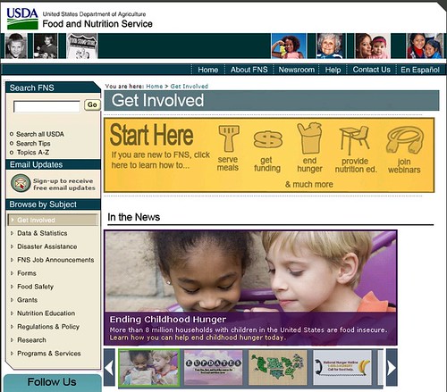 Visiting USDA’s new “Get Involved” web page is a great first step for those who want to partner with us to end hunger and obesity. Here’s a quick screen shot of how easy the page is to navigate. 