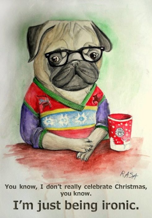 hipster pug, ironic pug, art, painting of a pug, dogs in glasses, ironic art, christmas pug, Screen shot 2011-07-03 at 4.49.17 PM