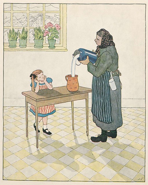 milk maid pours milk in kitchen near child