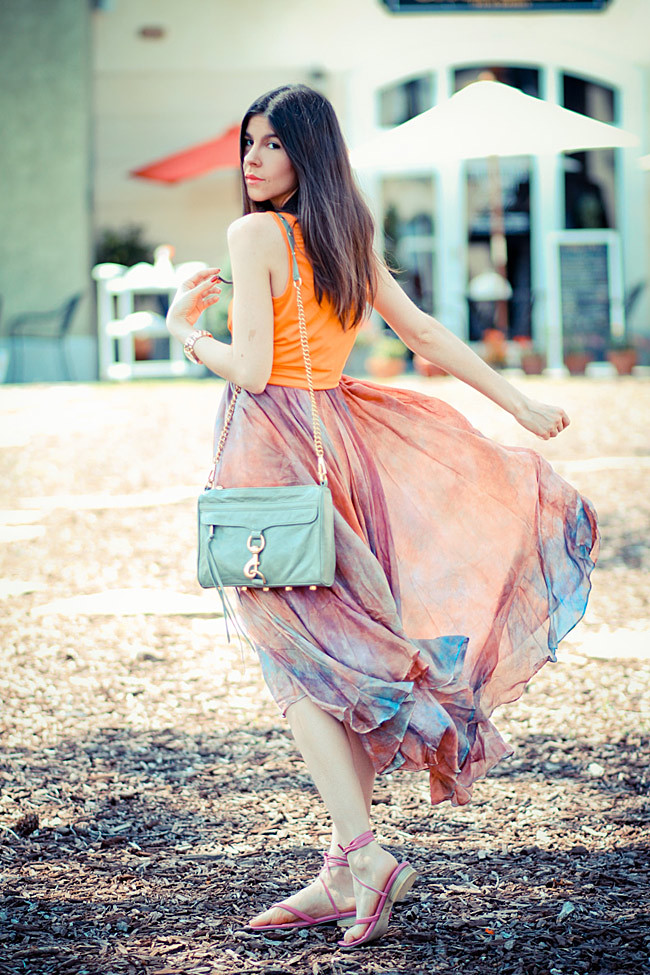 Rebecca Minkoff MAC Clutch bag, vintage watercolor maxi skirt, gold Marc Jacobs Henry watch, Fashion outfit