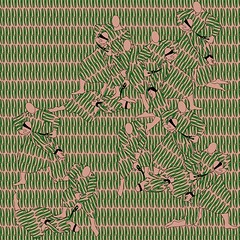 A digital drawing of graphic green clippers over a tan background. Human figures of a captor binding and/or blindfolding another figure appear overlaid in the same pattern.