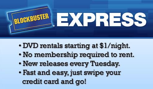 Sep 11, 2012. Here is yet another Blockbuster Express promotion code good through 8/26/12.  Get $1.00 off any 2 movie rentals with coupon code.