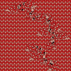 A digital drawing of graphic tan phalluses over a red background. Figures of crouched human beings with their hands bound are woven in down the the middle.