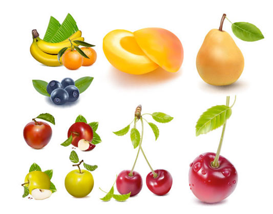 Fruta (platano, naranja, cerezas, peras y melocoton) en Vector