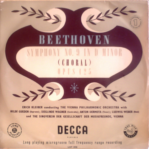 UK DECCA LXT-2796 ERICH KLEIBER, THE VIENNA PHILHARMONIC ORCHESTRA, GUEDEN, WAGNER, DERMOTA, WEBER BEETHOVEN: SYMPHONY No.9 CHORAL