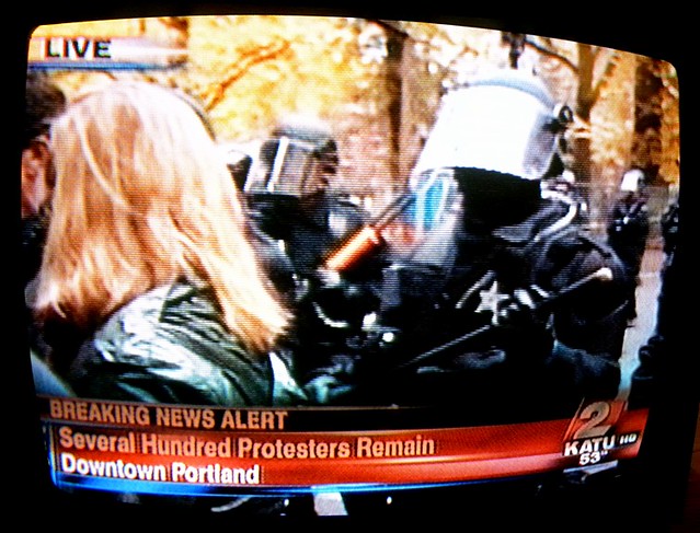 Occupy Portland: riot police in downtown Portland, OR, 11/13/11 about 4:00 PM on KATU