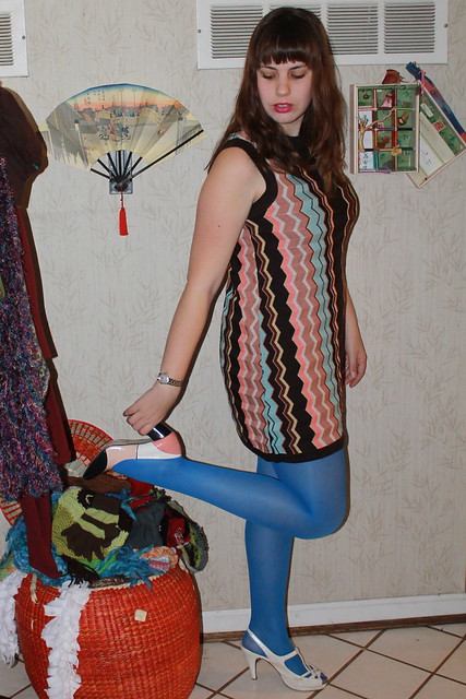 Outfit - Missoni for Target dress, blue tights, mismatched shoes