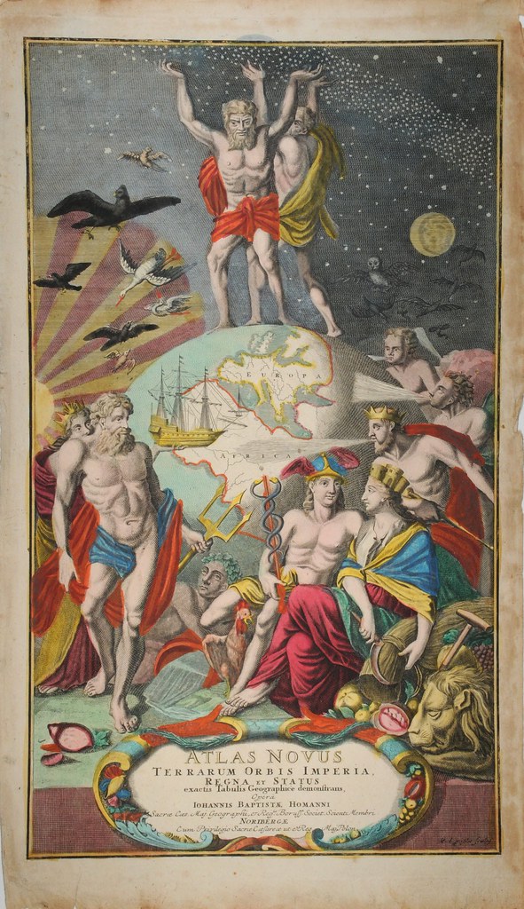 painted atlas titlepage with cosmos and earth and classical gods and figures shown