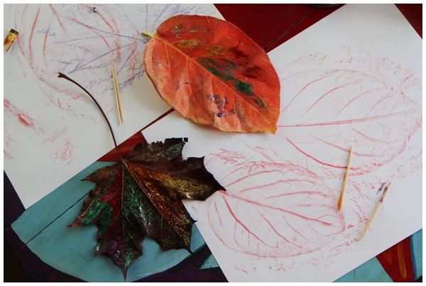 Leaf rubbings and glitter painting