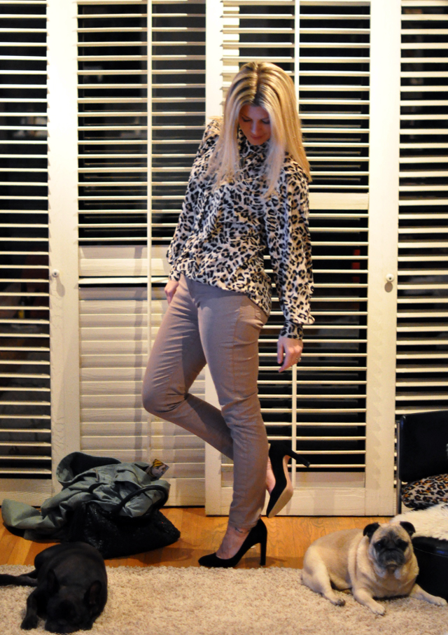 j brand taupe city jeans  -leopard blouse