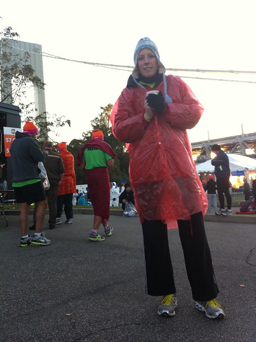 Sonja wearing several layers before the start of the New York Marathon