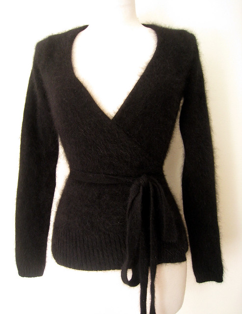 Deep V Black Angora Wrap Sweater, vintage 80s