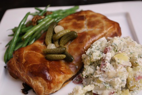 Gravlax en Croute with Garlic Green Beans and Sour Cream Dill Potatoes