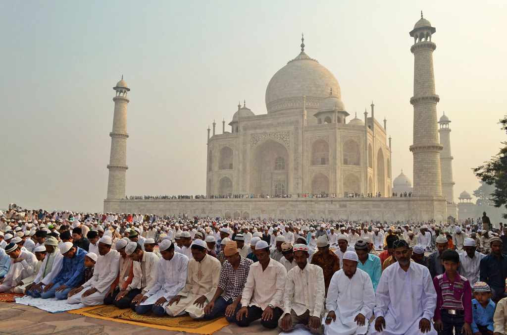 Indian Muslims offer prayers during Eid al-Adha, or the Feast of the Sacrifice, at the Taj Mahal